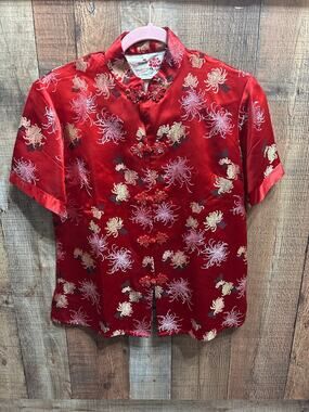 Vintage Chinese Qipao Blouse Red Floral Chrysanthemum Top